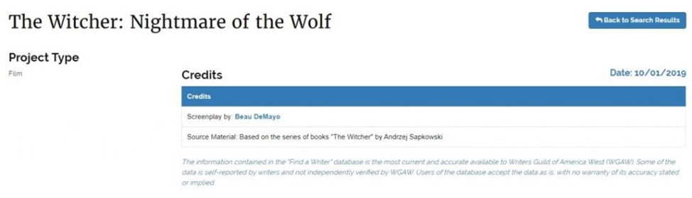 Фото записи с сайта WGA о сериале по «Ведьмаку»